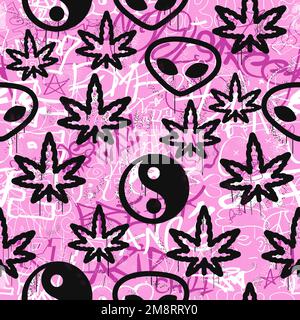 Graffiti,foglia di erbaccia,alieno,Yin Yang senza cuciture motivo carta da parati art.Vector grafica sfondo illustrazione.Graffiti lettering, arte urbana senza cuciture motivo carta da parati concetto di stampa Illustrazione Vettoriale