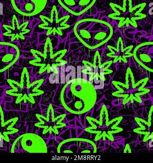 Graffiti,foglia di erbaccia,alieno,Yin Yangseamless motivo carta da parati art.Vector grafica sfondo illustrazione.Graffiti lettering, arte urbana senza cuciture motivo carta da parati concetto di stampa Illustrazione Vettoriale