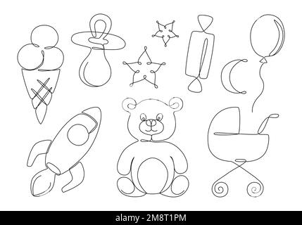 Elementi di disegno della linea del bambino uno. Collezione di oggetti e giocattoli carini per bambini. Orso, succhietto, trasporto. Illustrazione vettoriale Illustrazione Vettoriale