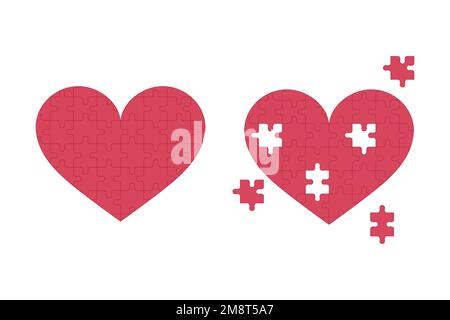 Puzzle cuori set. Cuore intero e rotto isolato. Illustrazione vettoriale piatta su sfondo bianco. Amore felice e infelice. Illustrazione Vettoriale