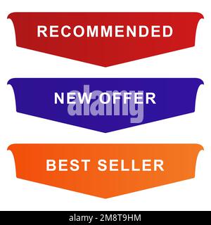 Un vettore di vendita modello con 'raccomandato', 'nuova offerta' e 'Best seller' icone su sfondo bianco Illustrazione Vettoriale