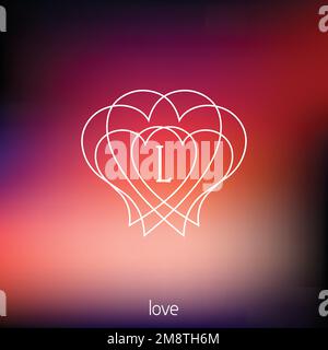 Il logo Hipster simbolizza l'Amore sotto forma di sottili linee bianche che formano il contorno del cuore con la lettera L. semplice logotipo vettoriale Illustrazione Vettoriale