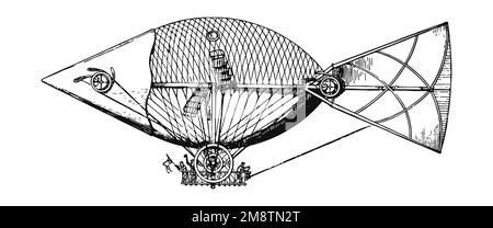 Mongolfiera. Macchina volante d'epoca, illustrazione del XIX secolo Foto Stock