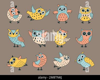 Caratteri OWL. Divertenti uccelli decorativi con piume stilizzate recenti immagini vettoriali carino in stile boho Illustrazione Vettoriale