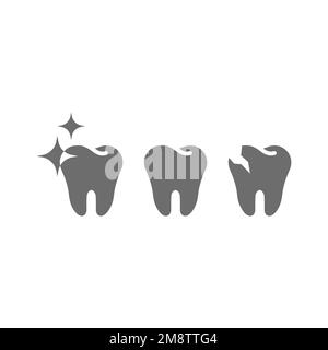 Dente sano e lucido e un set di icone carie. Icone vettoriali dentali, piene di denti. Illustrazione Vettoriale