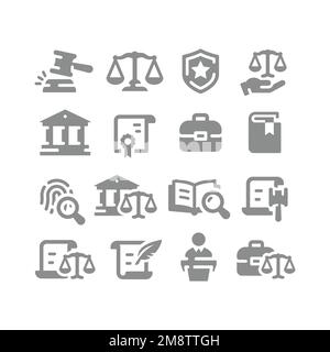 Set di icone vettore diritto, legale e giustizia. Tribunale, Corte di diritto, scale piene icone. Illustrazione Vettoriale