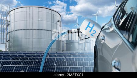 Auto con ugello di rifornimento di idrogeno su un background di H2 fabbrica. Concetto di produzione di idrogeno da fonti di energia rinnovabili Foto Stock