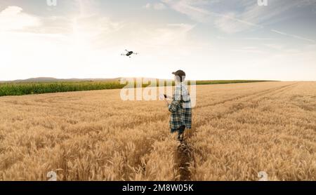 Il coltivatore controlla il drone. Agricoltura intelligente e agricoltura di precisione Foto Stock