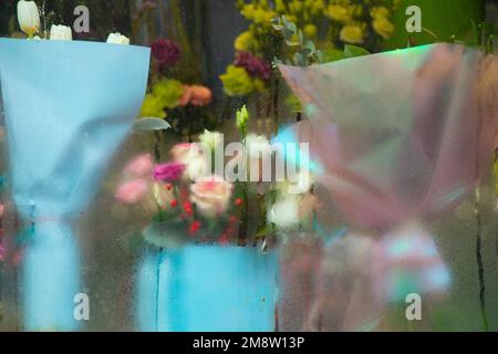 bouquet di fiori in una vetrina appannata Foto Stock