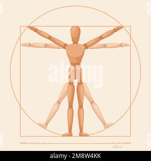 Manichino vitruviano. Scultura in legno leonardo da vinci, bambola modello di anatomia umana del corpo uomini proporzione, la flessibilità pone figura comune burattino per palestra, illustrazione vettoriale della proporzione rinascimentale Illustrazione Vettoriale