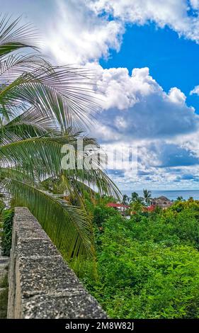 Bella vista panoramica naturale con onde del mare palme cielo blu e la spiaggia a Zicatela Puerto Escondido Oaxaca Messico. Foto Stock