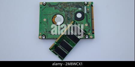 Immagine di una memoria RAM e di un disco rigido di un computer. Componenti tecnologici di un pc. Banner Foto Stock