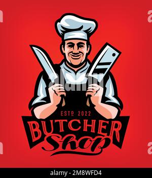 Chef con coltelli di carne in mano. Stemma con logo macellaio per il design. Badge per alimenti agricoli. Illustrazione vettoriale Illustrazione Vettoriale