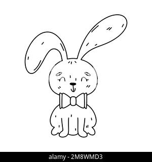Divertente coniglietto in stile doodle disegnato a mano. Coniglietto carino seduto. Animale domestico. Attività della pagina di colorazione. Isolato su sfondo bianco Illustrazione Vettoriale