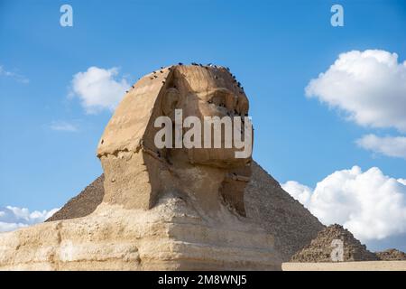 La Grande Sfinge e la Grande Piramide di Giza - la più grande piramide egiziana e la tomba della Quarta dinastia faraone Khufu. Foto Stock