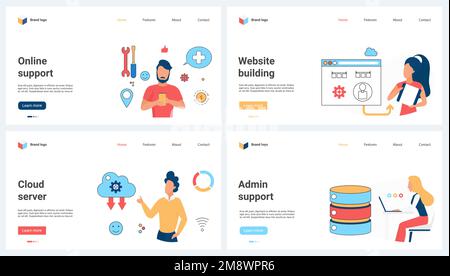 Illustrazione vettoriale del servizio di supporto online, del server di dati cloud e dello sviluppo di siti Web. Cartoon persone piccole lavorano con infrastrutture e database digitali, l'amministrazione utilizzando la moderna tecnologia di backup Illustrazione Vettoriale