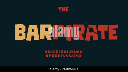 Divertente taglio alfabeto, divertente cartone animato, lettere in grassetto tagliato, tipo abgular per il logo della barra pirata, titolo del festival messicano, compleanno dei bambini, gioco per bambini Illustrazione Vettoriale