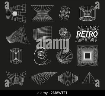 Set vettoriale di elementi di linea a reticolo retrofuristico. Griglie prospettiche in stile cyberpunk. Griglia polare, cerchio dei portali. Geometria astratta, blackhole Illustrazione Vettoriale