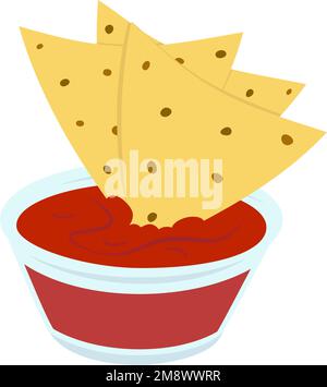 Immagine colorata di patatine messicane di mais Nachos e salsa di pomodoro in una ciotola di vetro trasparente. Cucina latinoamericana. Adesivo. Icona. Isolare. Ideale per Web, poster, logo, sfondo, prezzo o etichetta. EPS Illustrazione Vettoriale