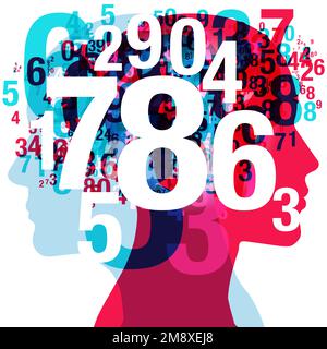 2 silhouette a figura laterale posteriore sovrapposta a numeri semitrasparenti di varie dimensioni. Sovrapposti in bianco sono i numeri da 0 a 9. Foto Stock