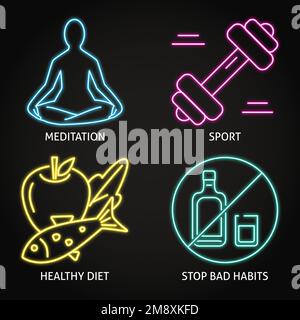 Set di icone stile di vita sano al neon. Attività fisica, buon cibo, evitare cattive abitudini. Illustrazione vettoriale. Illustrazione Vettoriale
