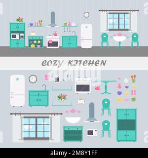 Clip art con accogliente cucina verde, stoviglie, elettrodomestici da cucina e tavolo da pranzo Illustrazione Vettoriale