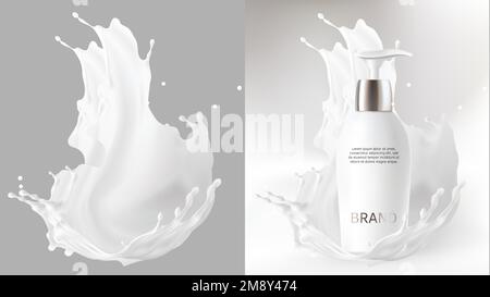 Cosmetici del latte sfondo sfocato vettoriale realistico. Prodotto cosmetico per la cura della pelle, lozione per il corpo in flacone bianco con dispenser in argento e splash di latte, corona isolata in grigio. Poster promozionale mock-up Illustrazione Vettoriale