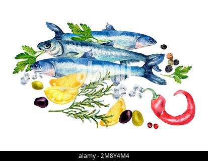 Composizione di acciughe e acquerello di limone illustrazione isolata su bianco. Pesce di mare fresco, peperoncino, spezie, rosmarino, olive disegnate a mano. Design Foto Stock