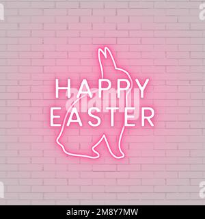 Rosa Happy Easter segno con luce al neon coniglietto su un muro di mattoni bianco vettore Illustrazione Vettoriale