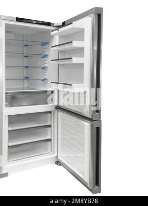 Nuovo frigorifero isolato su sfondo bianco. Vista frontale del moderno frigorifero in acciaio inox con porte aperte. Frigorifero congelatore isolato Foto Stock