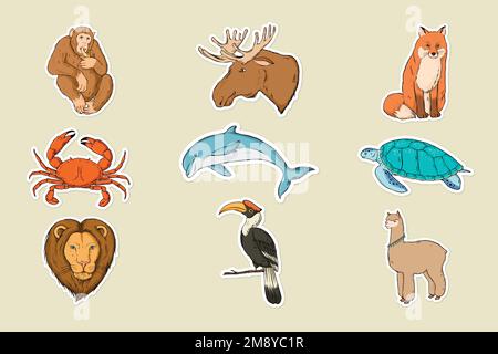 Set di adesivi colorati Vector Wild Animal Illustrazione Vettoriale