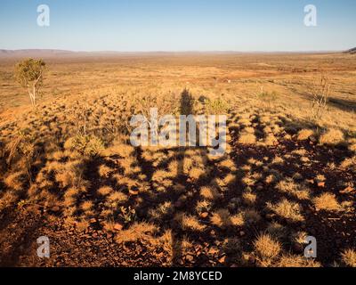 Vista a nord dalla prima collina sul monte Bruce (Punurrunha), costone occidentale rivestito di spinifex. Parco Nazionale di Karijini, Australia Occidentale. Foto Stock