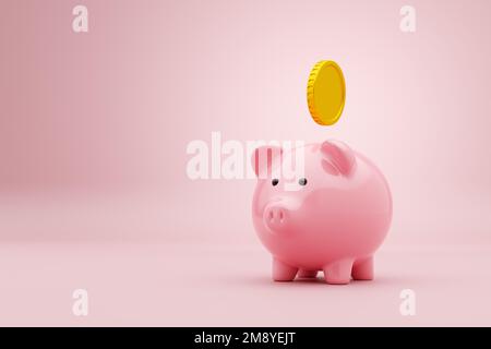 Banca rosa di maialino con moneta d'oro. Concetto di risparmio di denaro, investimenti e crescita finanziaria. Pianificazione finanziaria per il futuro. Rendering 3D. Foto Stock