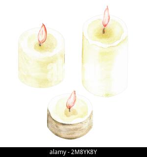 Candele brucianti di acquerello disegnate a mano. Una parte del grande set di illustrazioni Holi Foto Stock