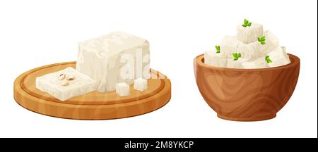Tofu su tavola di legno, soia, oliva. Composizione di feta a fette in stile cartoon. Cibo vegetariano sano. Formaggio greco tradizionale. Vettore Illustrazione Vettoriale