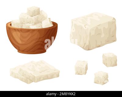 Formaggio feta morbido. Cartone animato greco intrecciato cagliata pace bianca fatta da latte pecora. Delizioso cibo di latte di soia. Illustrazione vettoriale del prodotto vegetariano Illustrazione Vettoriale