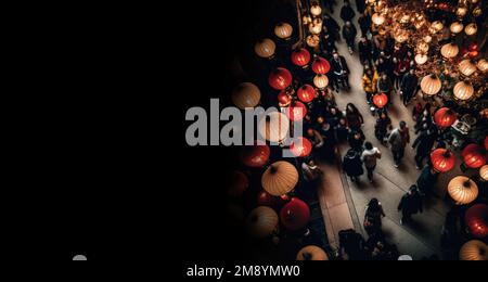 Una vibrante scena celebrativa dei festeggiamenti del Capodanno cinese. Colorato, rosso lanterne linea strada come fuochi d'artificio cascata nel cielo notturno. Cattura il jo Foto Stock