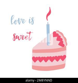 Carino banner di San Valentino, biglietto di auguri design con testo lettering vettore illustrazione. L'amore è dolce Illustrazione Vettoriale