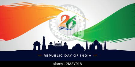 Illustrazioni vettoriali della celebrazione del 26th gennaio, (Republic Day of India) con bandiera indiana in effetti pennello e famoso punto di riferimento dell'India. Illustrazione Vettoriale