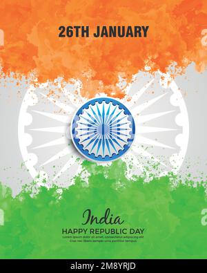 26th gennaio Happy Republic Day of India colore dell'acqua tricolore sfondo effetto vernice. Sfondo dell'illustrazione vettoriale. Illustrazione Vettoriale