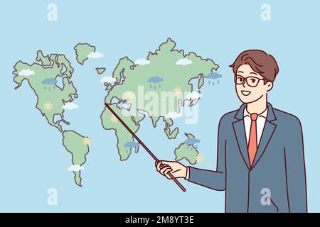 Uomo previsioni meteo che mostra la mappa di previsione delle precipitazioni in diverse parti del mondo. Ragazzo in abiti da lavoro con puntatore si trova vicino ai continenti per la TV mostra sul cambiamento climatico. Disegno vettoriale piatto Illustrazione Vettoriale