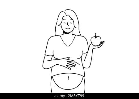 Donna incinta sorridente con mela. Vettore sorridente giovane donna incinta che tiene mela raccomandare una dieta sana. Felice femmina seguire gravidanza nutrizione mangiare frutti. Illustrazione vettoriale. Illustrazione Vettoriale