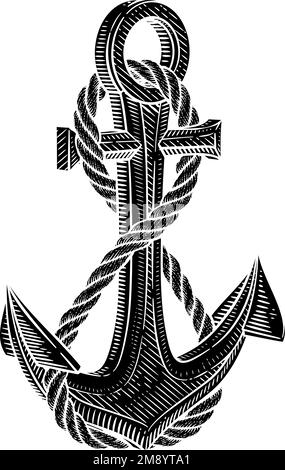 Ship Anchor and Rope Nautical Illustration Woodcut Illustrazione Vettoriale