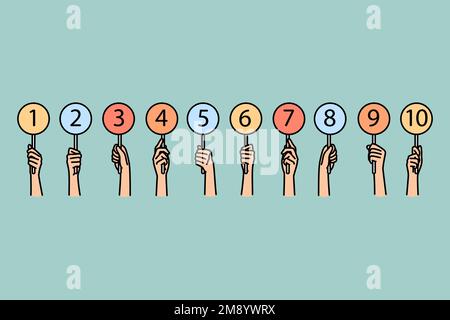 Primo piano di mani di persone diverse che hanno numeri diversi in mano. Gli uomini e le donne votano mostrano sostegno o dispiacere. Illustrazione vettoriale. Illustrazione Vettoriale