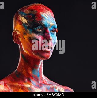 Non ho un colore preferito. una giovane donna attraente che si posa da sola in studio con la vernice sul suo viso. Foto Stock