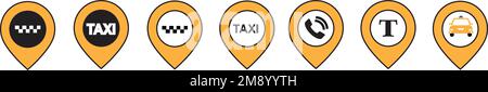 Illustrazione panoramica delle icone vettoriali del servizio taxi, puntatori sulla mappa, cartelli dei taxi in nero e arancione su sfondo bianco Illustrazione Vettoriale