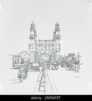 Charminar Hyderabad India, illustrazione o schizzo, illustrazione disegnata a mano, isolata su sfondo bianco. illustrazione disegnata a mano. isolato su bianco . Foto Stock