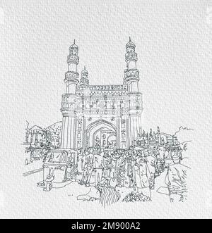 Charminar Hyderabad India, illustrazione o schizzo, illustrazione disegnata a mano, isolata su sfondo bianco. illustrazione disegnata a mano. isolato su bianco . Foto Stock