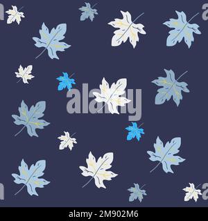 Mano astratta disegno acero foglie senza giunture. Illustrazione del modello a foglia auntum in acero bianco e blu Foto Stock