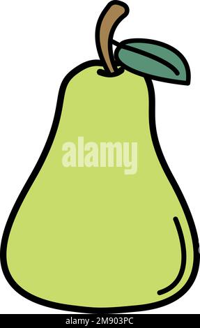 Vettore libero. Illustrazione di un frutto di pera verde con colore. Disegno di cartone animato, icona di pera. Sfondo bianco con contorno nero. Illustrazione Vettoriale